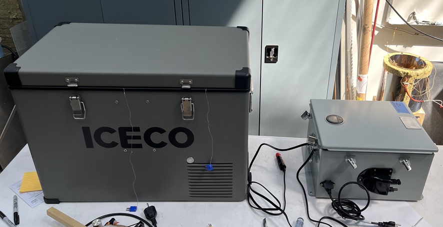 ICECO refrigerator and battery/electronics enclosure